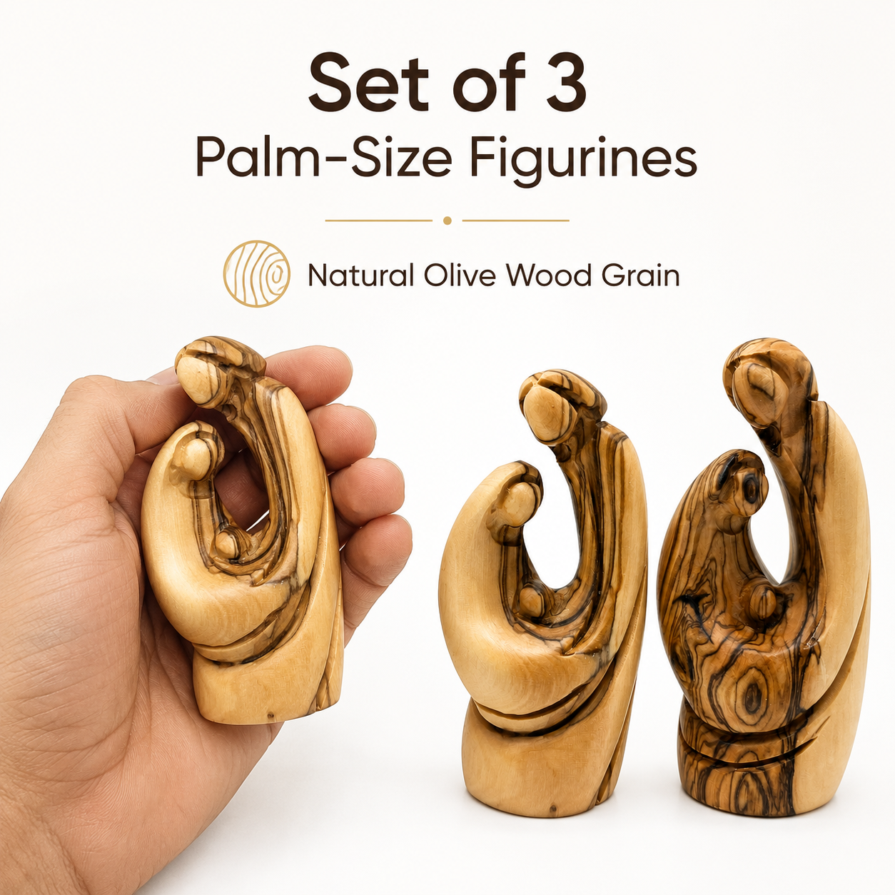 Olive wood Holy Family figurine size shown in hand, small 3.8 inch nativity