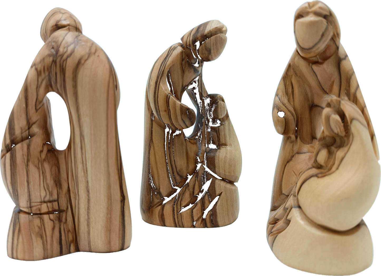 3 Olive Wood Holy Family Figurine Three Angle View Handcarved