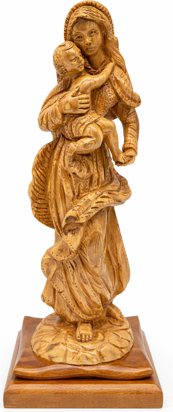 Hand Carved Olive Wood Virgin Mary & Baby Jesus Statue | Handmade in Bethlehem, Holy Land