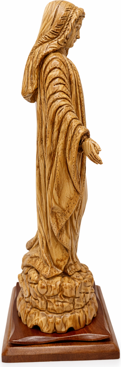 Hand-Carved Olive Wood Virgin Mary Statue from Bethlehem – Large Handmade Holy Land Sculpture 18.5" – Authentic Christian Art