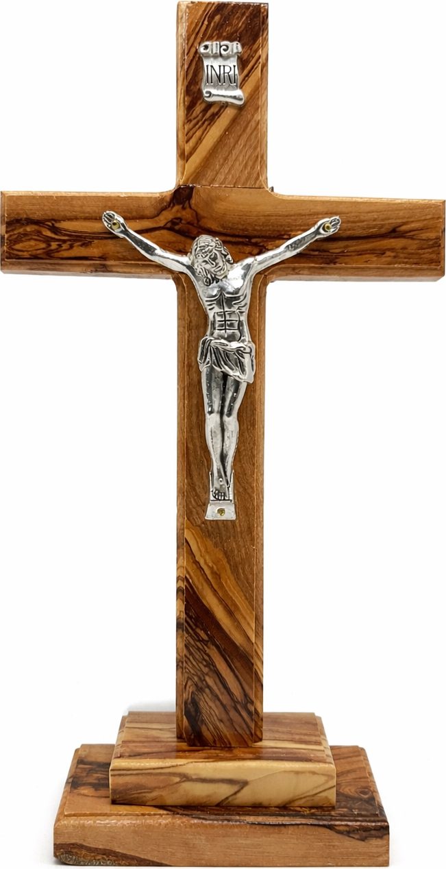 Handmade Olive Wood Crucifix from Bethlehem – Christian Cross with Metal Corpus & INRI – Holy Land Gift (4 Sizes)
