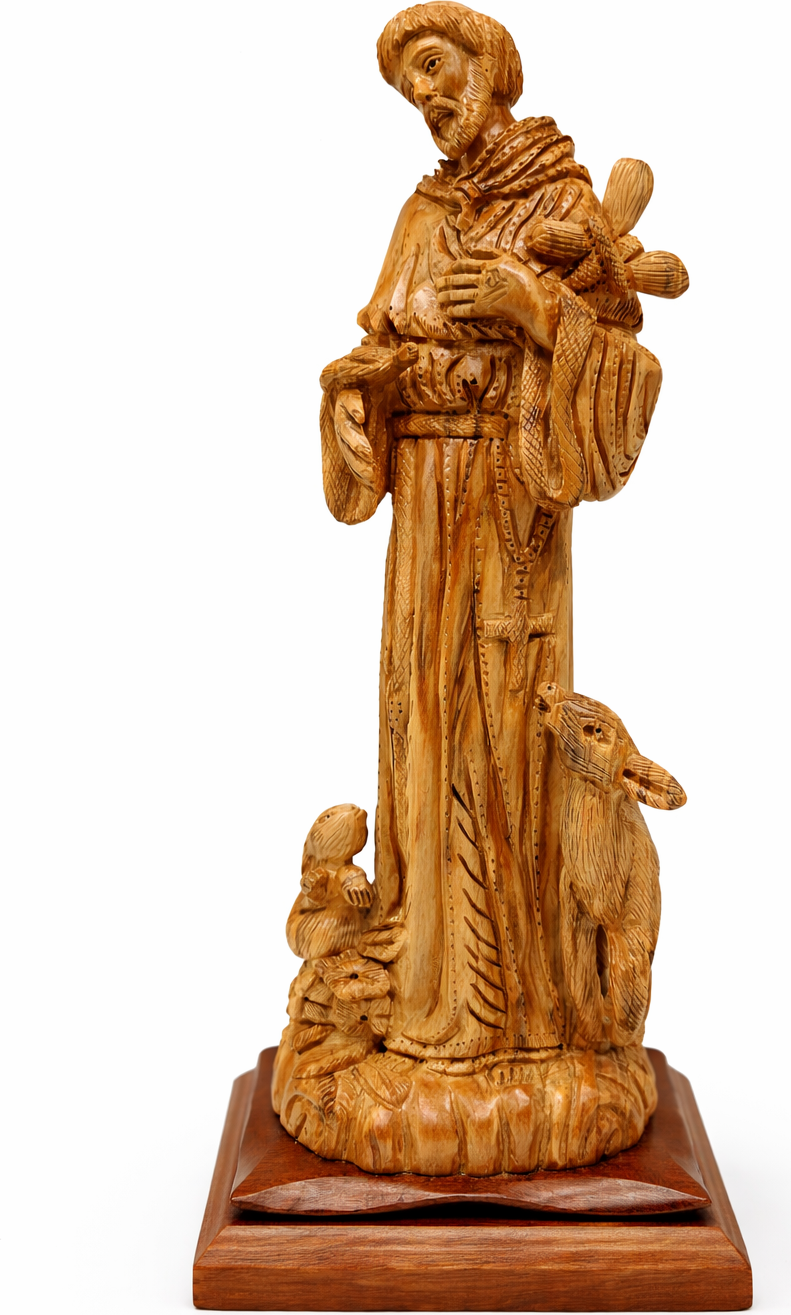 Saint Francis of Assisi Olive Wood Statue – Hand Carved in Bethlehem, Holy Land Christian Figurine (18.1 x 6.7 x 5.9 in) — 17.6 Inch