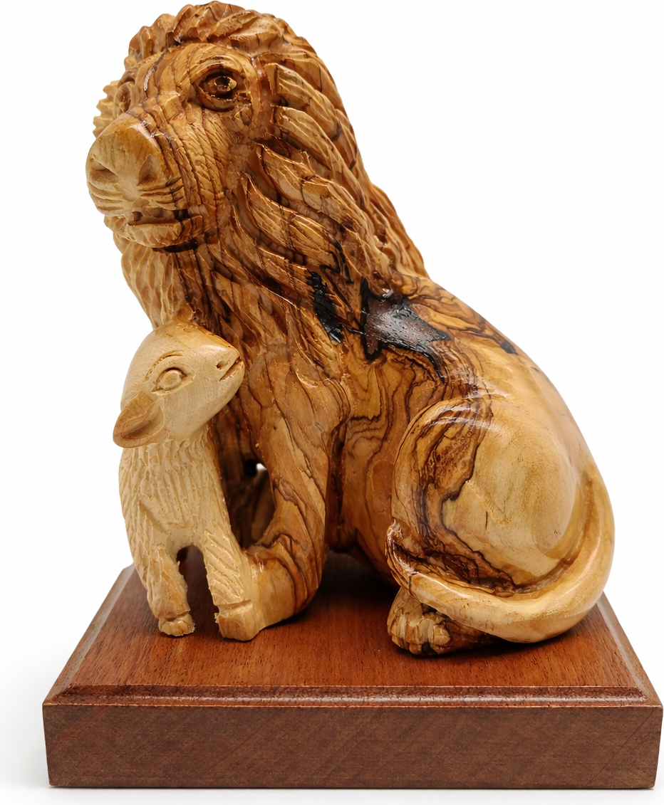 Lion and the Lamb Hand Carved Olive Wood Sculpture from Bethlehem Holy Land
