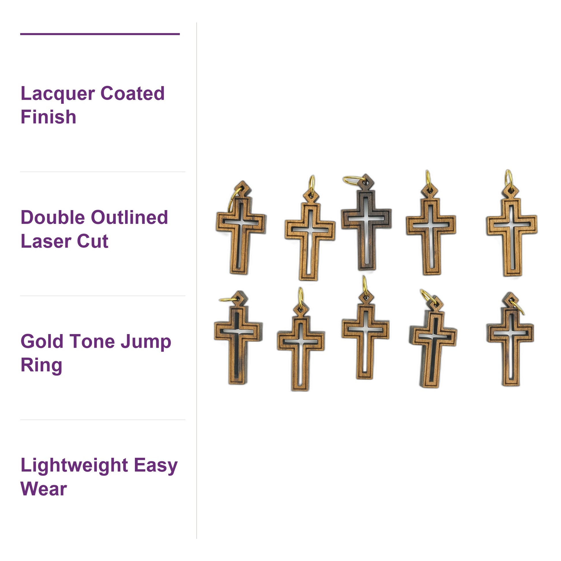 Double-Lined Laser-Cut Wooden Cross Pendant – 1.14" x 0.62" Elegant Faith Charm - Detail View