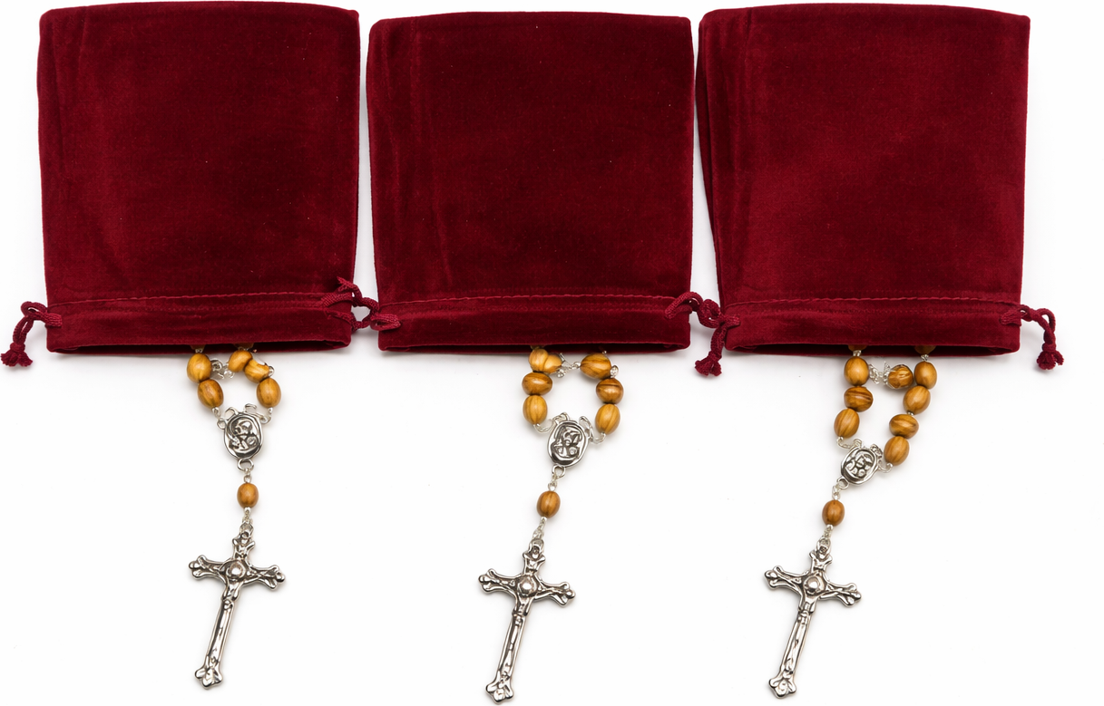 Olive Wood Rosary Handmade in Bethlehem – 23.6” Catholic Wooden Rosary with Silver Crucifix – Set of 3 or 6 – Includes Velvet Bags & Certificates – Holy Land Christian Gift