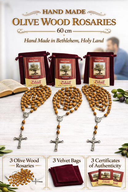 Olive Wood Rosary Handmade in Bethlehem – 23.6” Catholic Wooden Rosary with Silver Crucifix – Set of 3 or 6 – Includes Velvet Bags & Certificates – Holy Land Christian Gift