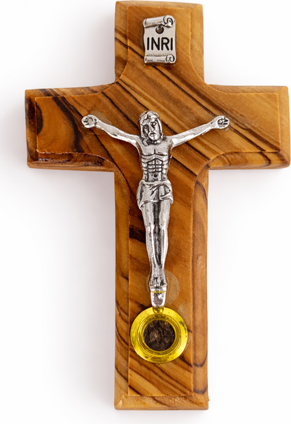 Olive Wood Wall Crucifix with INRI and Holy Land Relic from Bethlehem 3.6 Inches