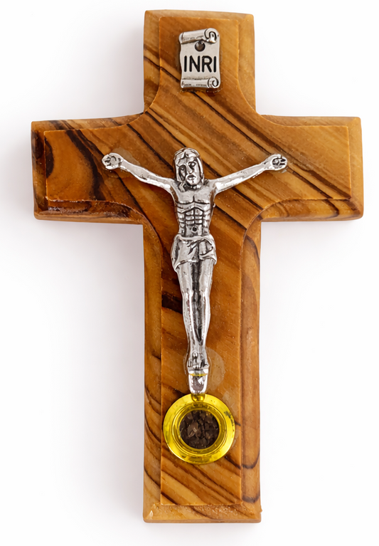 Olive Wood Wall Crucifix with INRI and Holy Land Relic from Bethlehem