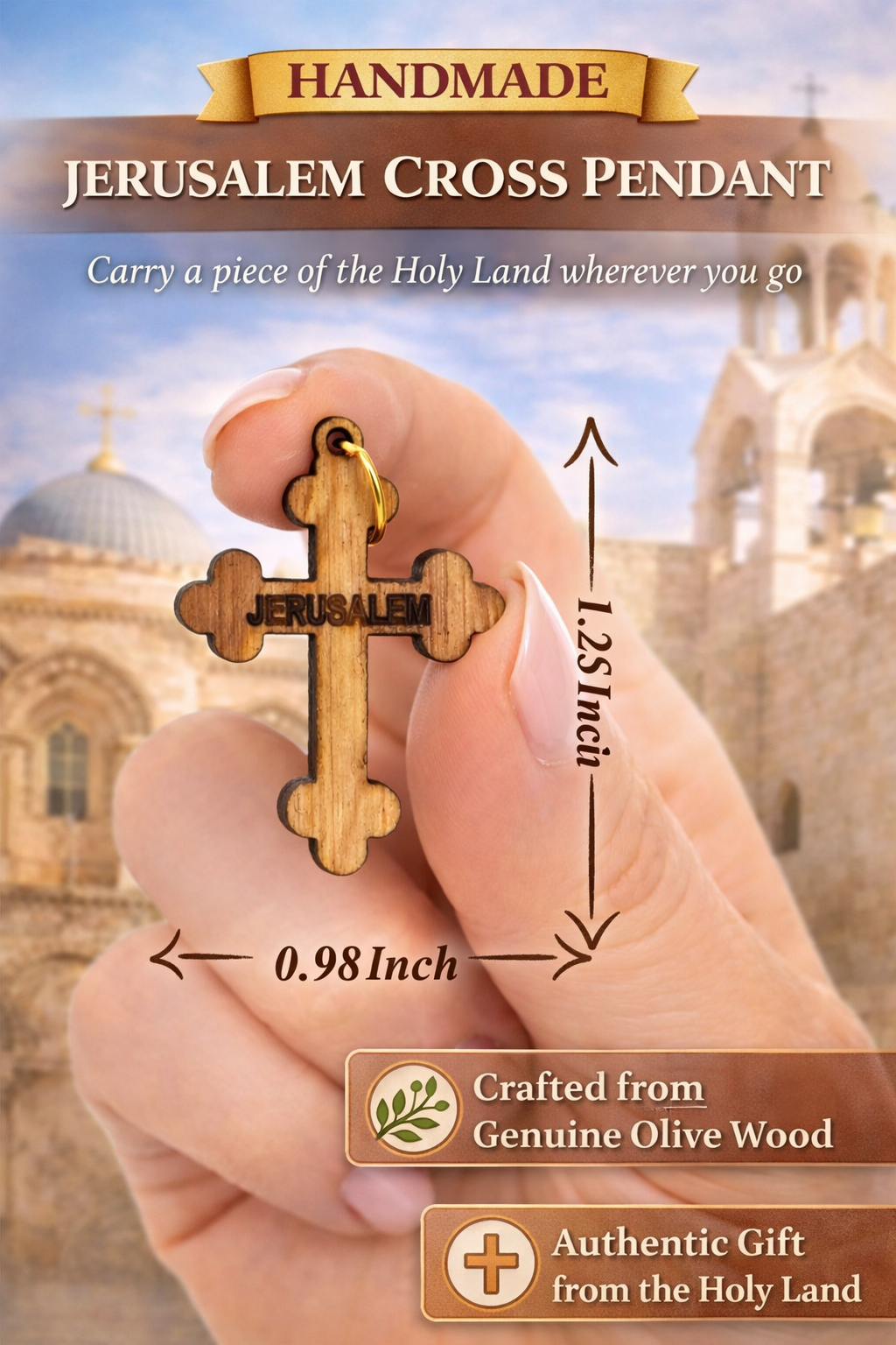 Engraved Jerusalem Wooden Cross Pendant – 1.25" x 0.98" Trefoil Faith Charm with Holy - Additional View 1