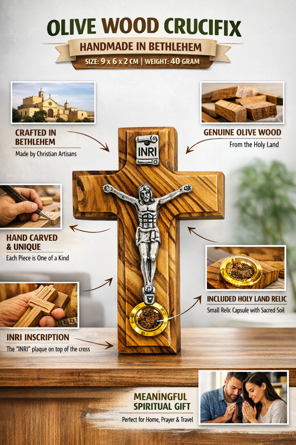 Olive Wood Wall Crucifix with INRI and Holy Land Relic from Bethlehem 3.6 Inches