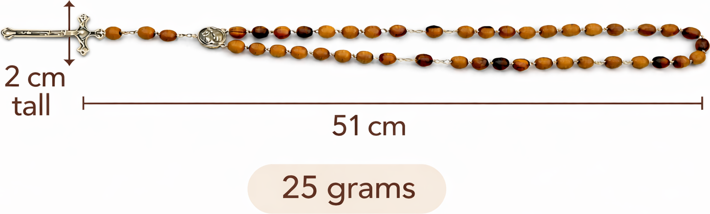 Olive Wood Rosary Beads with Olive Wood Prayer Box, Catholic Prayer Beads with Crucifix & Center Medal, Holy Land Style Gift for Prayer, Confirmation or First Communion, 51 cm Length, 25 g