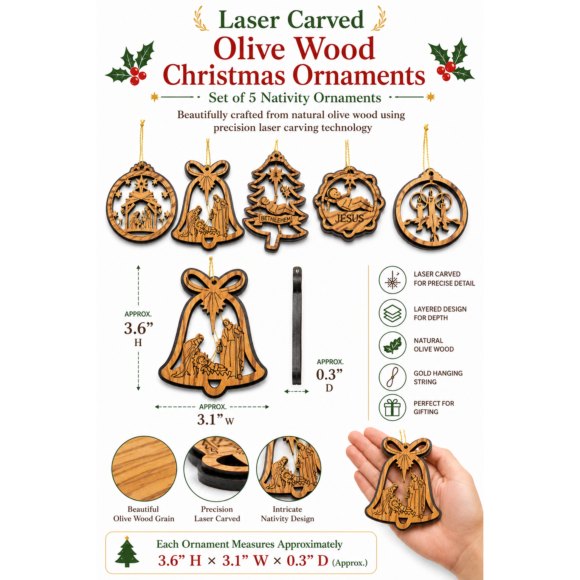 4 Olive Wood Christmas Ornaments Dimensions 3 Inch Size Infographic
