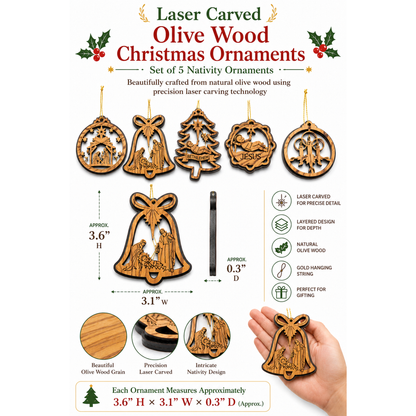4 Olive Wood Christmas Ornaments Dimensions 3 Inch Size Infographic