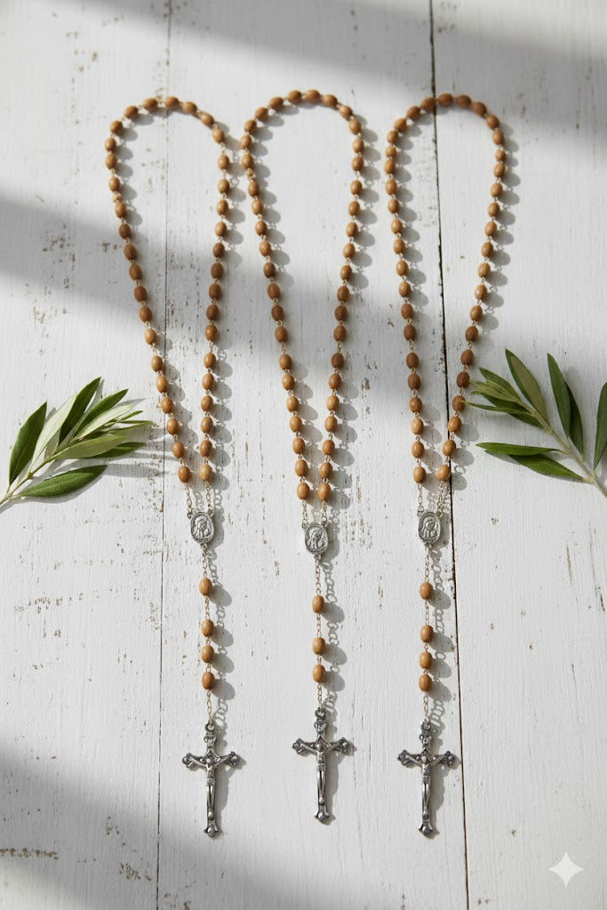 Olive Wood Rosary Handmade in Bethlehem – 23.6” Catholic Wooden Rosary with Silver Crucifix – Set of 3 or 6 – Includes Velvet Bags & Certificates – Holy Land Christian Gift