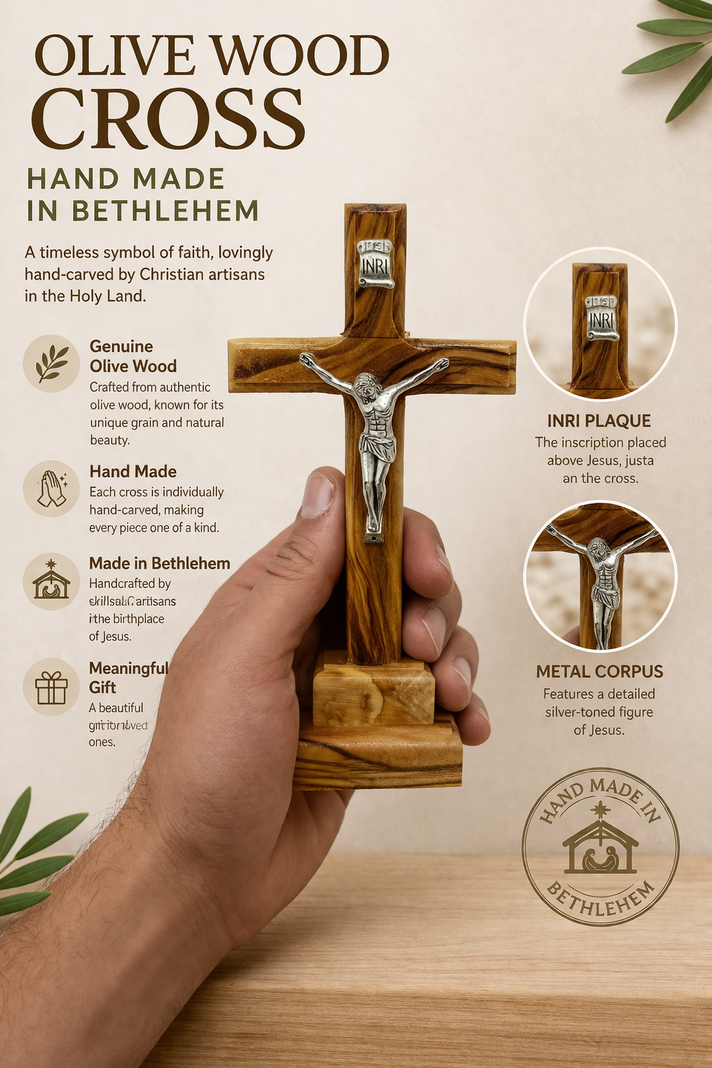Handmade Olive Wood Crucifix from Bethlehem – Christian Cross with Metal Corpus & INRI – Holy Land Gift (4 Sizes)