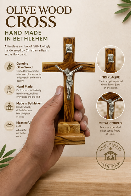 Handmade Olive Wood Crucifix from Bethlehem – Christian Cross with Metal Corpus & INRI – Holy Land Gift (4 Sizes)