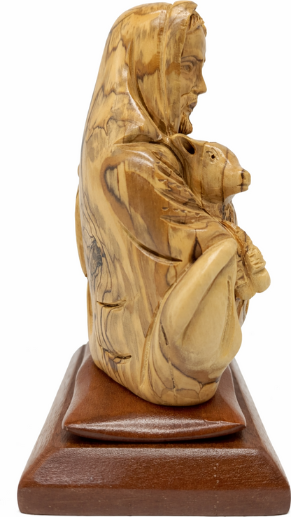Hand Carved Olive Wood Good Shepherd Statue 8.3” | Handmade Bethlehem Holy Land Christian Sculpture — 8 Inch