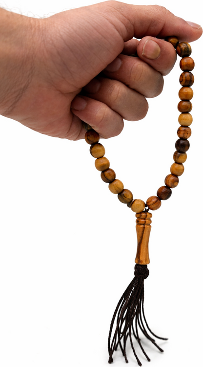 Olive Wood Prayer Beads 25 cm with Tassel, Handmade Wooden Worry Beads with Velvet Pouch, Smooth Round Beads for Prayer, Meditation & Daily Carry