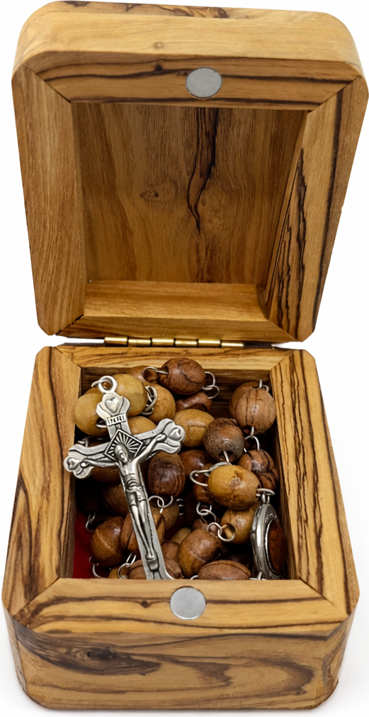 Olive Wood Rosary Beads with Olive Wood Prayer Box, Catholic Prayer Beads with Crucifix & Center Medal, Holy Land Style Gift for Prayer, Confirmation or First Communion, 51 cm Length, 25 g