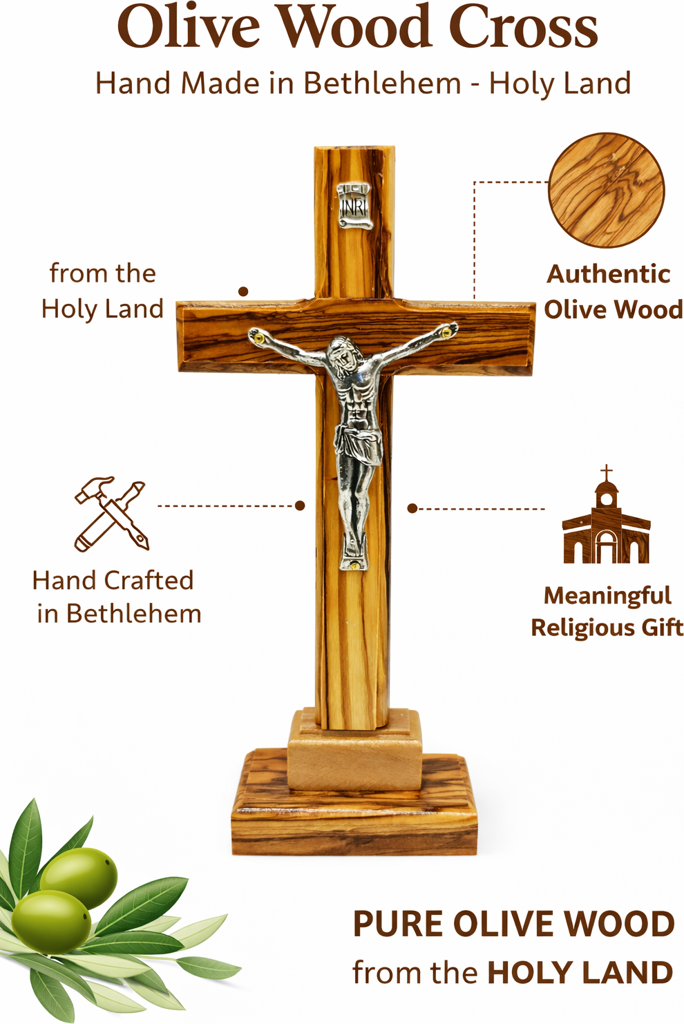 Handmade Olive Wood Crucifix from Bethlehem – Christian Cross with Metal Corpus & INRI – Holy Land Gift (4 Sizes)