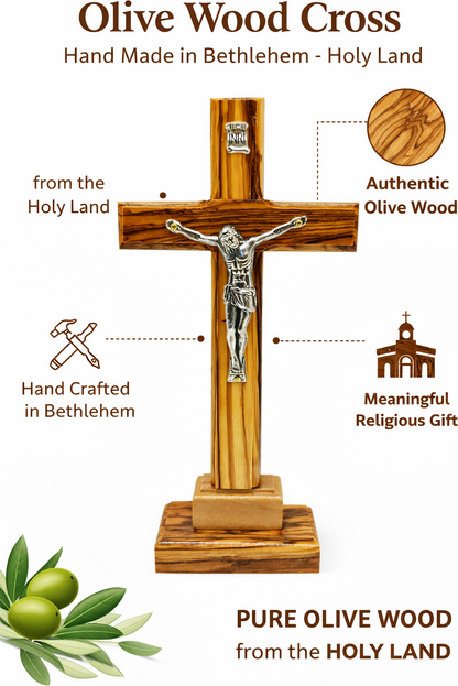 Handmade Olive Wood Crucifix from Bethlehem – Christian Cross with Metal Corpus & INRI – Holy Land Gift (4 Sizes)