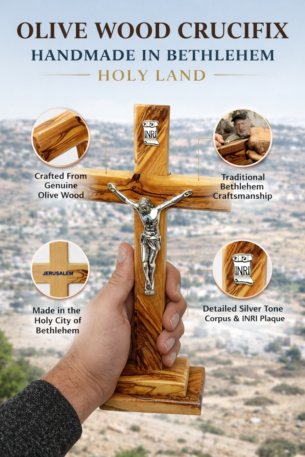 Handmade Olive Wood Crucifix from Bethlehem – Christian Cross with Metal Corpus & INRI – Holy Land Gift (4 Sizes)
