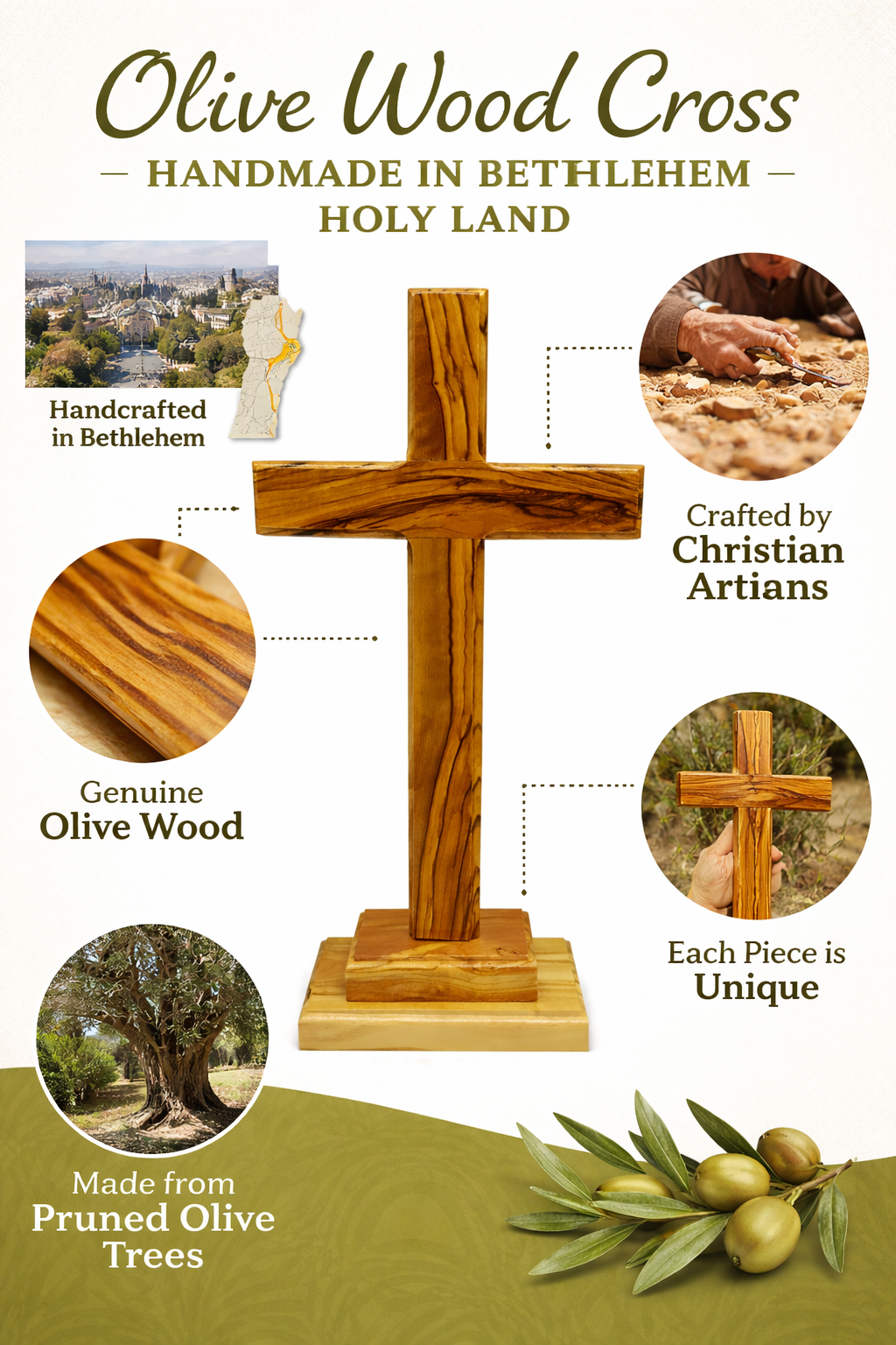Handmade Olive Wood Cross from Bethlehem – Christian Cross Decor, Holy Land Gift – 6.1" 7.5" 9.25" 11.2" Sizes