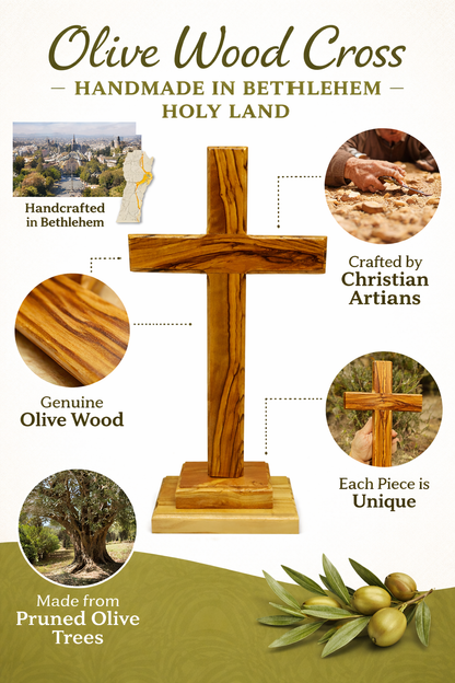 Handmade Olive Wood Cross from Bethlehem – Christian Cross Decor, Holy Land Gift – 6.1" 7.5" 9.25" 11.2" Sizes