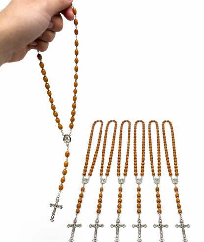 Olive Wood Rosary Handmade in Bethlehem – 23.6” Catholic Wooden Rosary with Silver Crucifix – Set of 3 or 6 – Includes Velvet Bags & Certificates – Holy Land Christian Gift