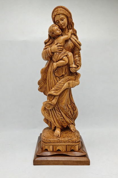 Hand Carved Olive Wood Virgin Mary & Baby Jesus Statue 20.7” | Handmade Holy Land Bethlehem Sculpture