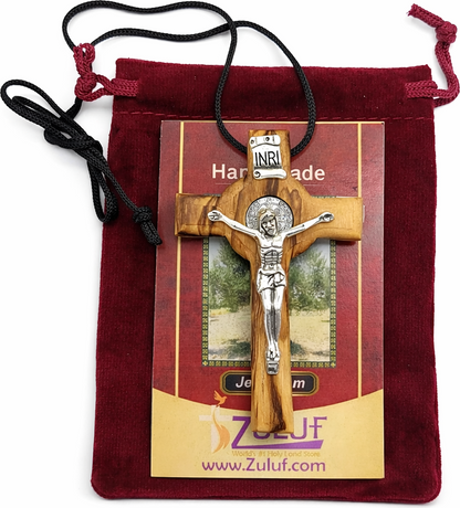 Handmade Olive Wood Saint Benedict Crucifix from Bethlehem – Catholic Cross with Cord, Velvet Bag and Certificate, 7.5 x 4.8 x 1.6 cm, 20g 3.0 Inches