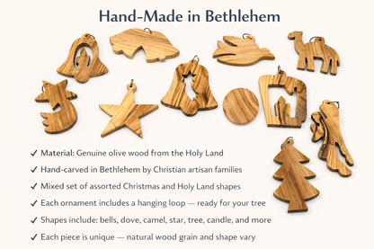 Hand-Carved Olive Wood Ornament Set from Bethlehem, Assorted Christmas Shapes