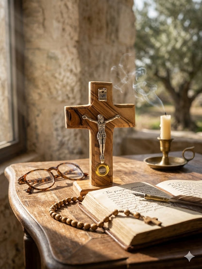 Olive Wood Wall Crucifix with INRI and Holy Land Relic from Bethlehem 3.6 Inches