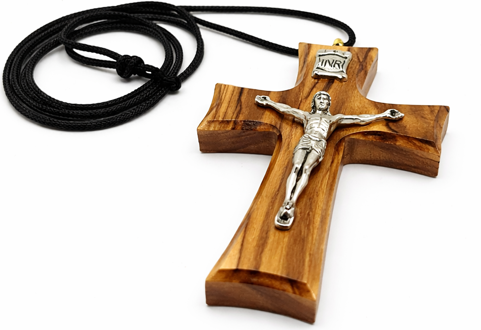 Handmade Olive Wood Cross Necklace from Bethlehem – Christian Crucifix Pendant with INRI – Holy Land Jewelry Gift