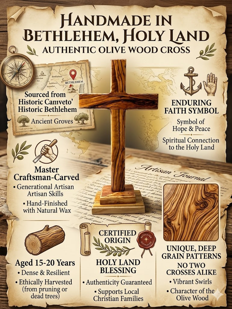 Handmade Olive Wood Cross from Bethlehem – Christian Cross Decor, Holy Land Gift – 6.1" 7.5" 9.25" 11.2" Sizes