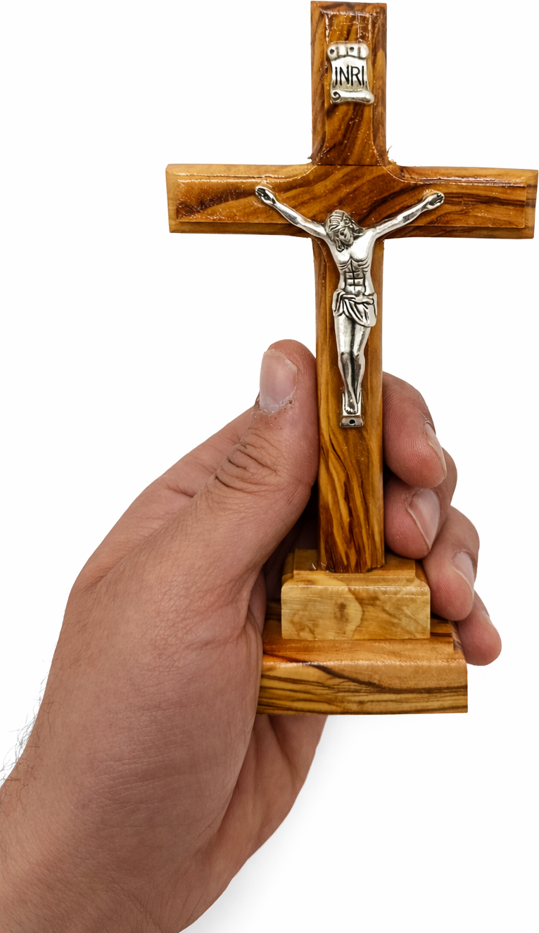 Handmade Olive Wood Crucifix from Bethlehem – Christian Cross with Metal Corpus & INRI – Holy Land Gift (4 Sizes)