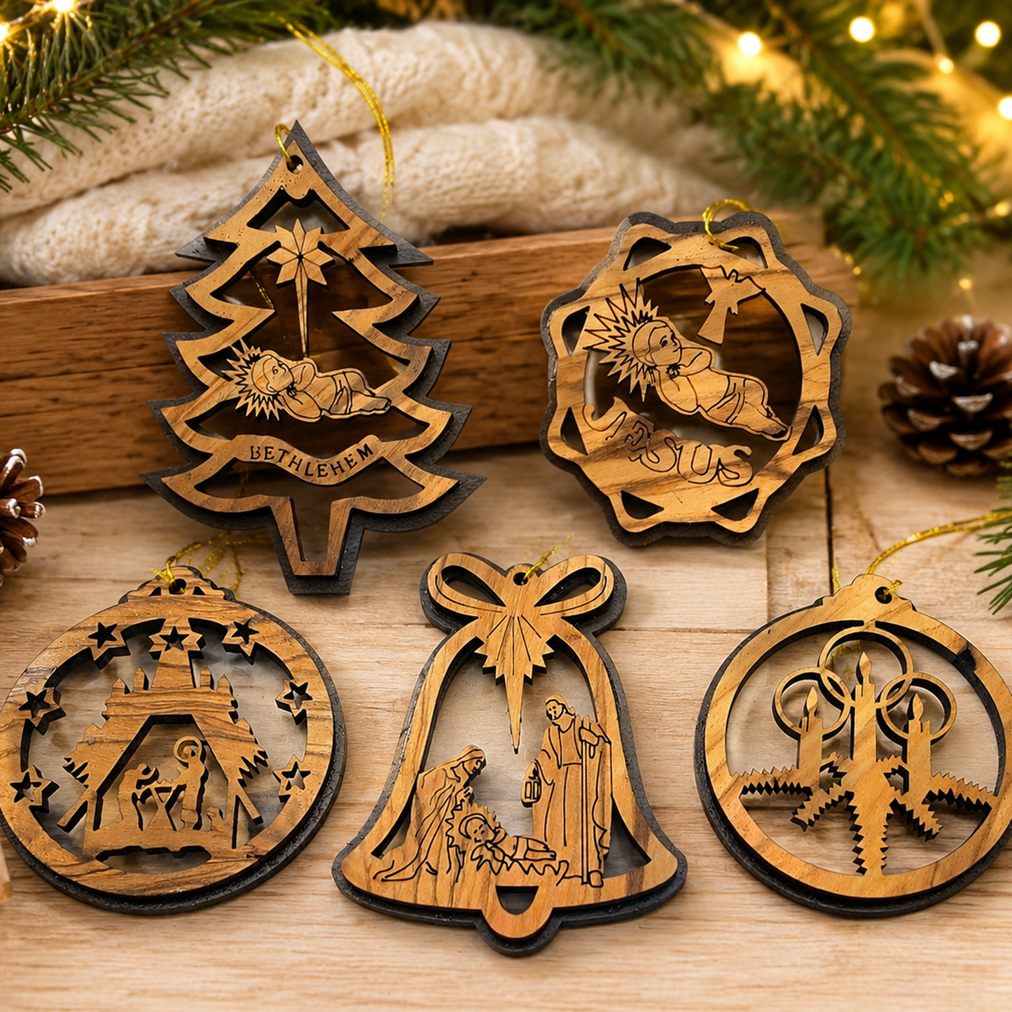 5 Olive Wood Christmas Ornaments Lifestyle Tree Pine Bethlehem Decor