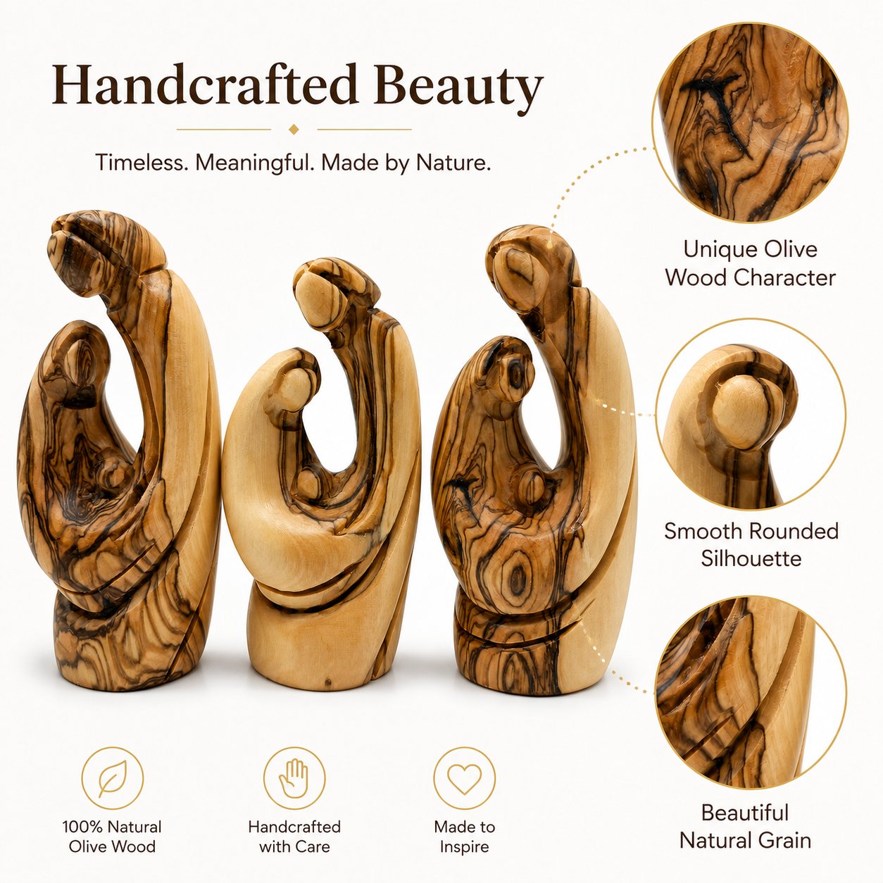 Hand carved olive wood grain detail, Holy Family nativity figurine