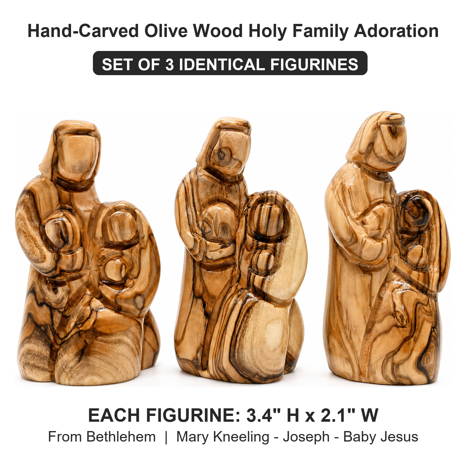 Olive Wood Holy Family Adoration Set of 3 dimensions