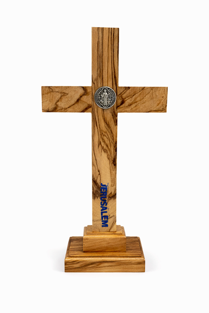 Handmade Olive Wood Saint Benedict Crucifix from Bethlehem – Catholic Standing Cross with - Additional View 8