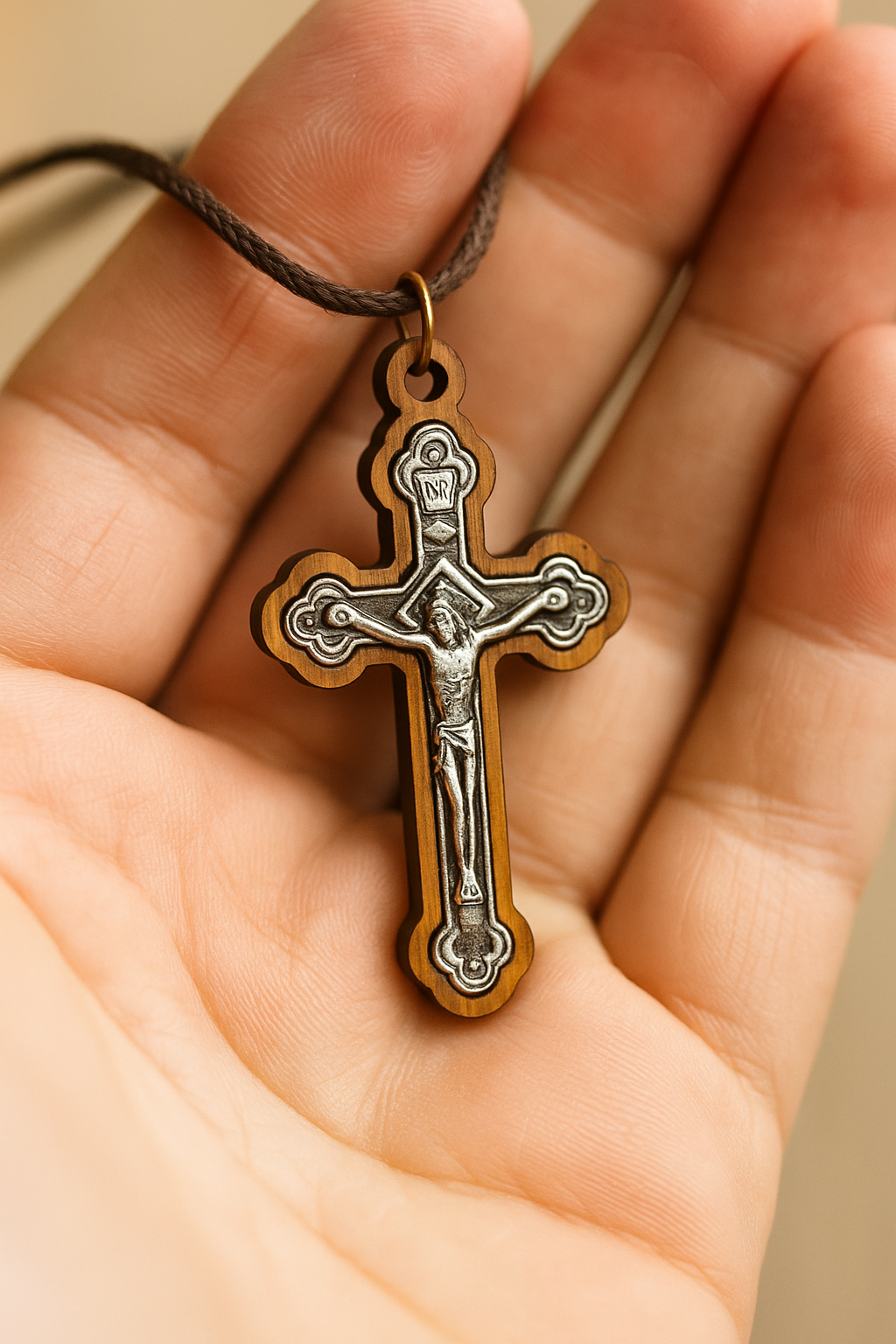 Handcrafted Olive Wood Crucifix Necklace Set - Close Up View