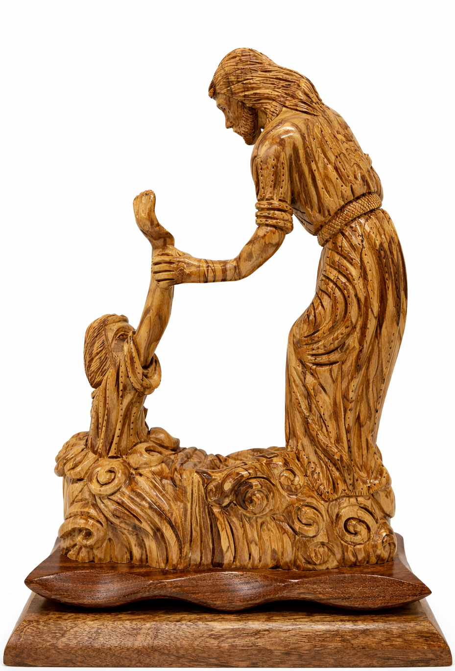 Hand Carved Olive Wood Jesus Saves Peter Statue | Handmade in Bethlehem, Holy Land — 14.8 Inch