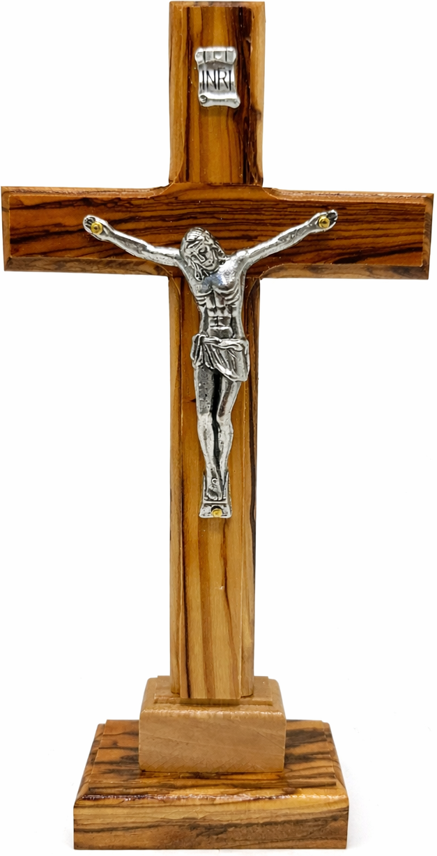 Handmade Olive Wood Crucifix from Bethlehem – Christian Cross with Metal Corpus & INRI – Holy Land Gift (4 Sizes)