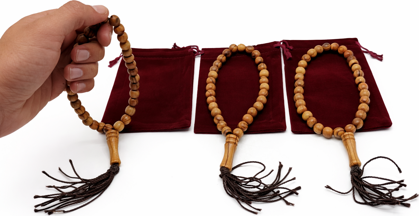 Olive Wood Prayer Beads 25 cm with Tassel, Handmade Wooden Worry Beads with Velvet Pouch, Smooth Round Beads for Prayer, Meditation & Daily Carry