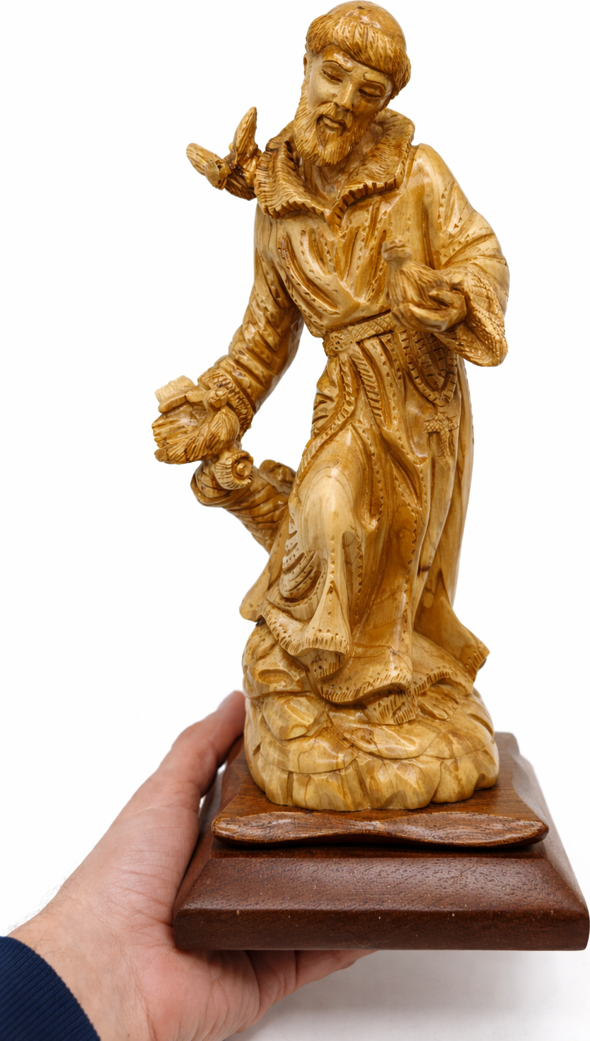 Hand Carved Olive Wood St. Francis of Assisi Statue | Handmade Bethlehem Holy Land Christian Sculpture — 13.1 Inch