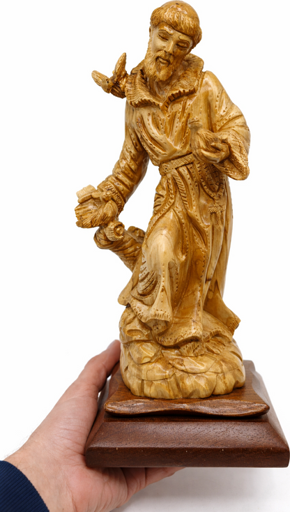 Hand Carved Olive Wood St. Francis of Assisi Statue | Handmade Bethlehem Holy Land Christian Sculpture — 13.1 Inch