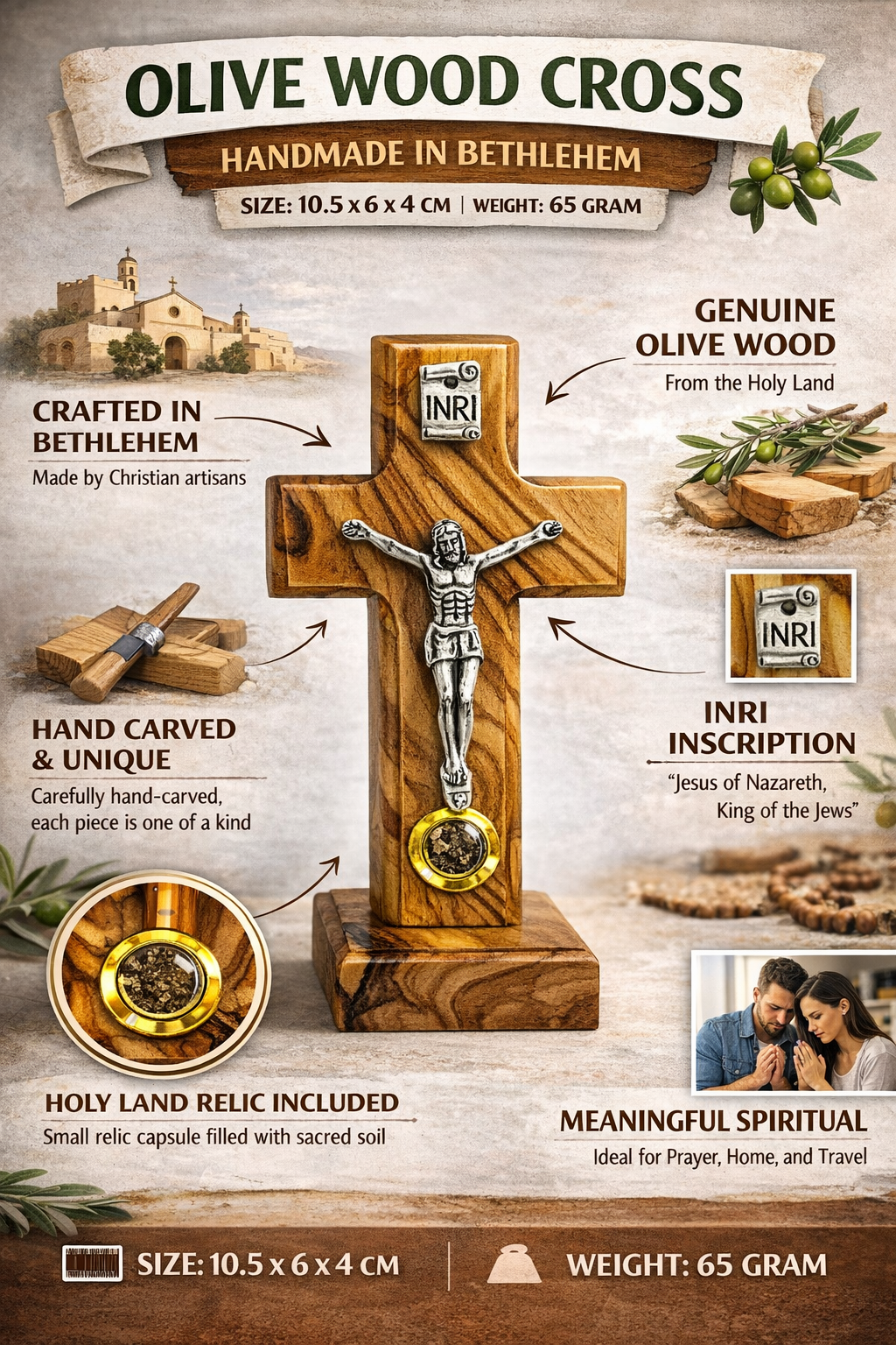 Handmade Olive Wood Crucifix from Bethlehem with Holy Land Relic – INRI Cross with Metal Corpus – Christian Gift (9x6 cm) 4.3 Inches