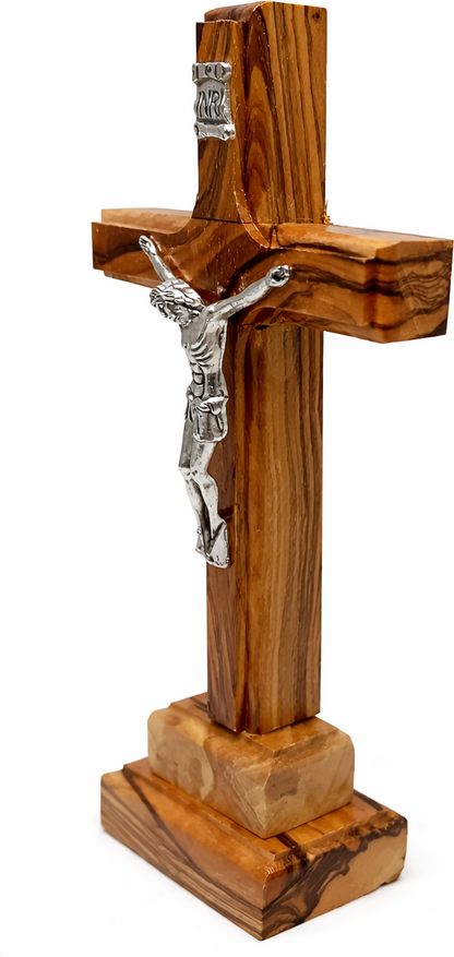 Handmade Olive Wood Crucifix from Bethlehem – Christian Cross with Metal Corpus & INRI – Holy Land Gift (4 Sizes)