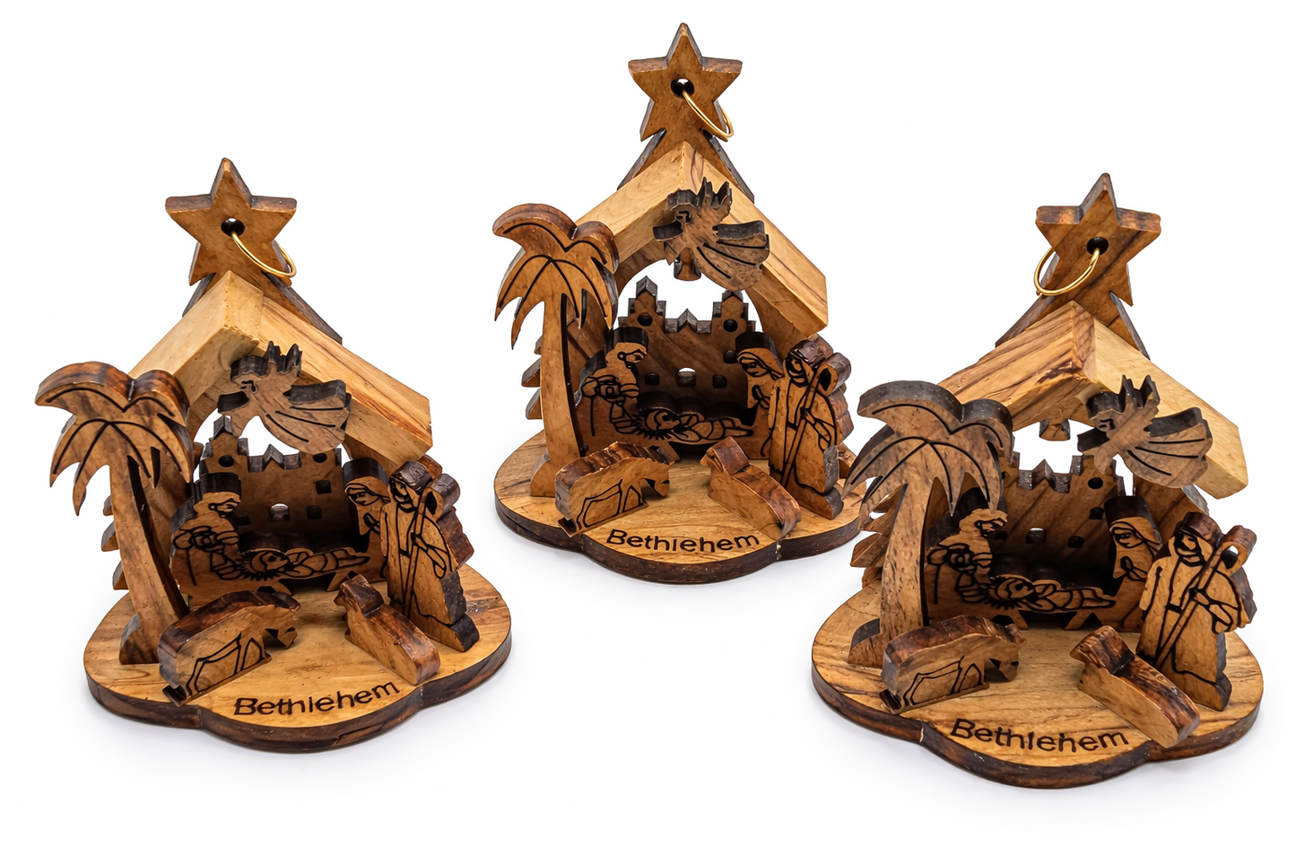 Laser-Carved Olive Wood Nativity Ornament from Bethlehem, 3D Manger Scene with Engraved Base