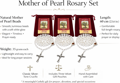 Set of 3 Mother of Pearl Rosaries Handmade in Jerusalem – 23.6” Catholic Rosary with Silver Crucifix – Wedding & Baptism Gift – Includes Velvet Bags & Certificates